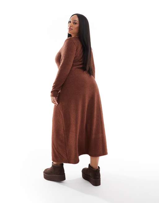 ASOS DESIGN Curve supersoft scoop neck fit and flare midi dress in chocolate