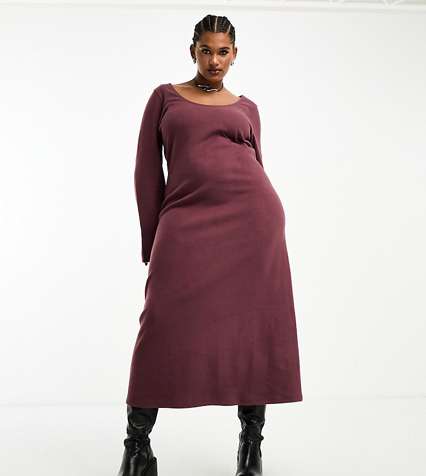 ASOS DESIGN Curve supersoft scoop neck maxi dress with flare sleeve in burgundy-Multi
