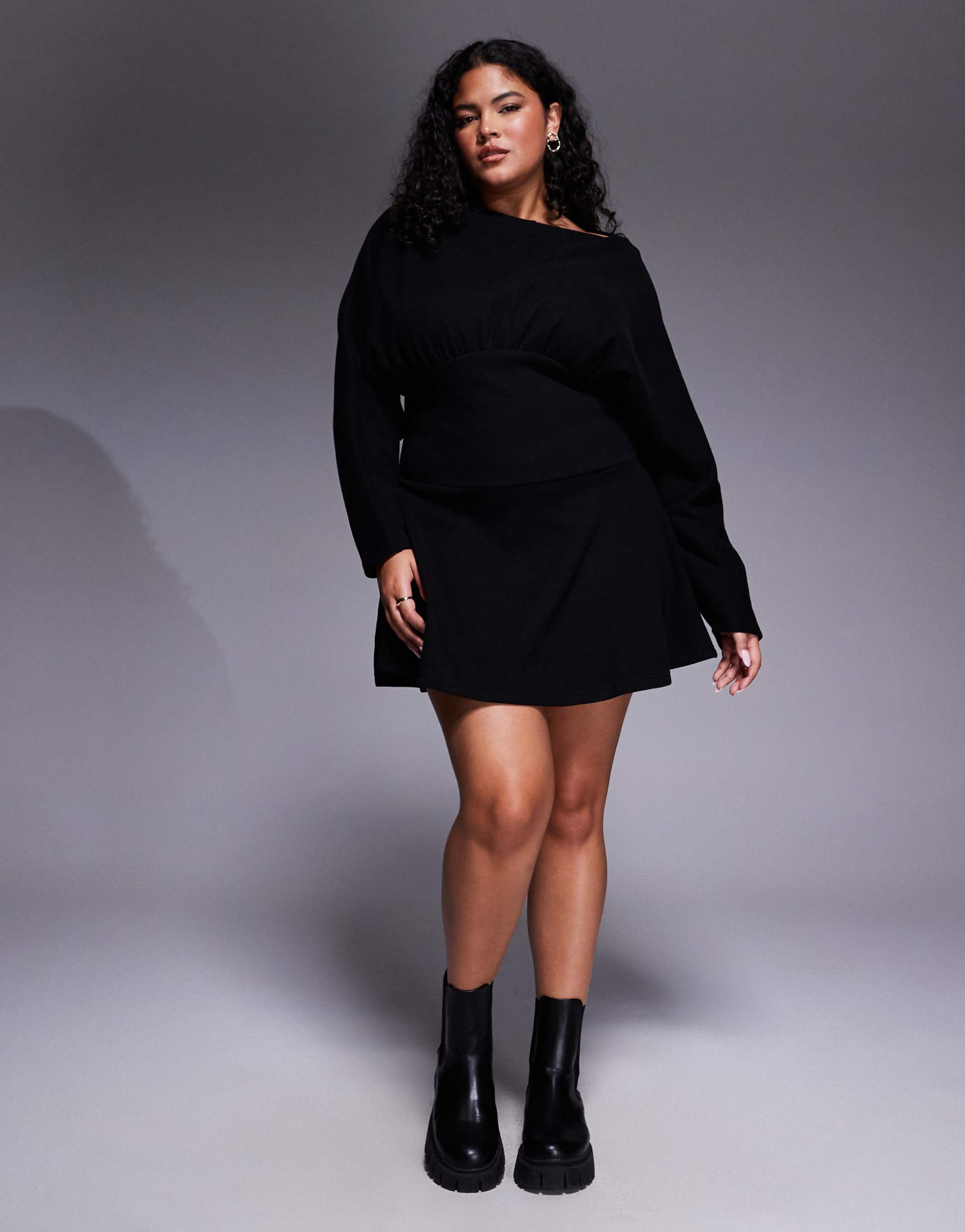 asos design curve supersoft slash neck blouson batwing mini dress in black