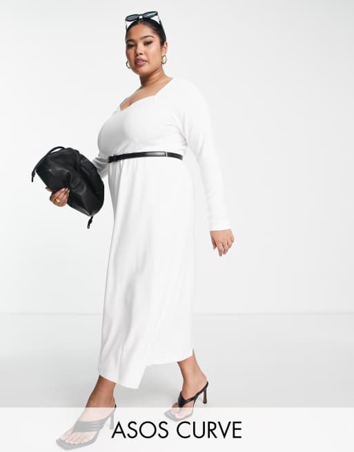 ASOS DESIGN Curve supersoft sweetheart midi jumper dress with belt in ivory - IVORY