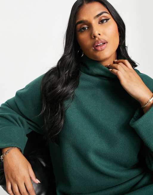 ASOS DESIGN Curve supersoft turned cuff turtle neck mini sweater dress in  forest green | ASOS