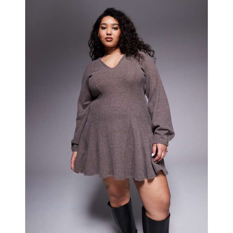 ASOS Design Curve Supersoft V-Front Fit and Flare Mini Dress in chocolate-Brown