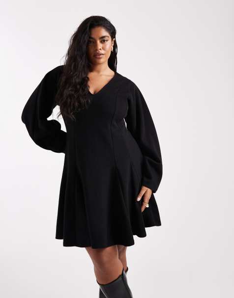 ASOS DESIGN Curve supersoft V neck fit and flare with seam detail mini dress in black - view 1