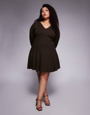 ASOS Curve ASOS DESIGN Curve supersoft V neck fit and flare with seam detail mini dress in chocolate-No colour