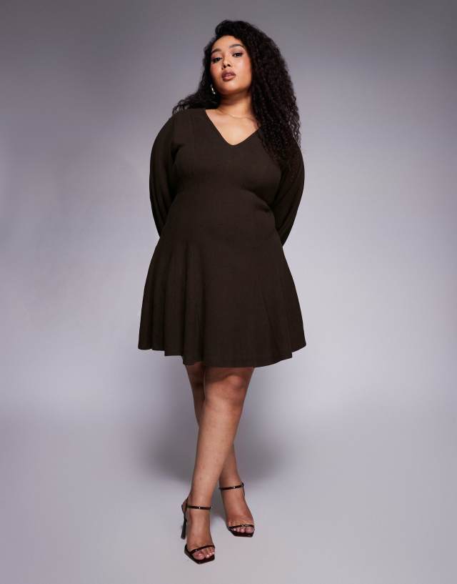 ASOS DESIGN Curve supersoft V neck fit and flare with seam detail mini dress in chocolate