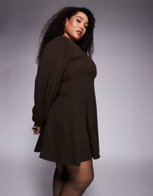 ASOS DESIGN Curve supersoft V-neck fit and flare with seam detail mini dress  in chocolate | ASOS