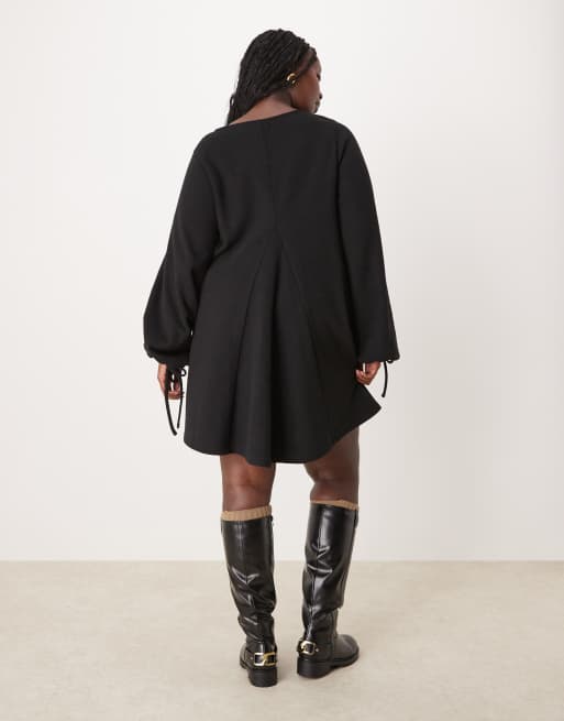 ASOS DESIGN Curve supersoft v-neck flare hem skirt mini dress with tie sleeve in black