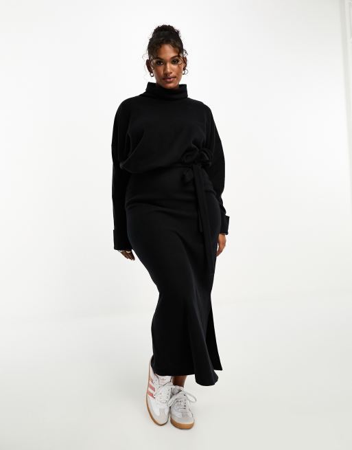 ASOS DESIGN Curve supersoft volume sleeve roll neck belted maxi jumper dress in black