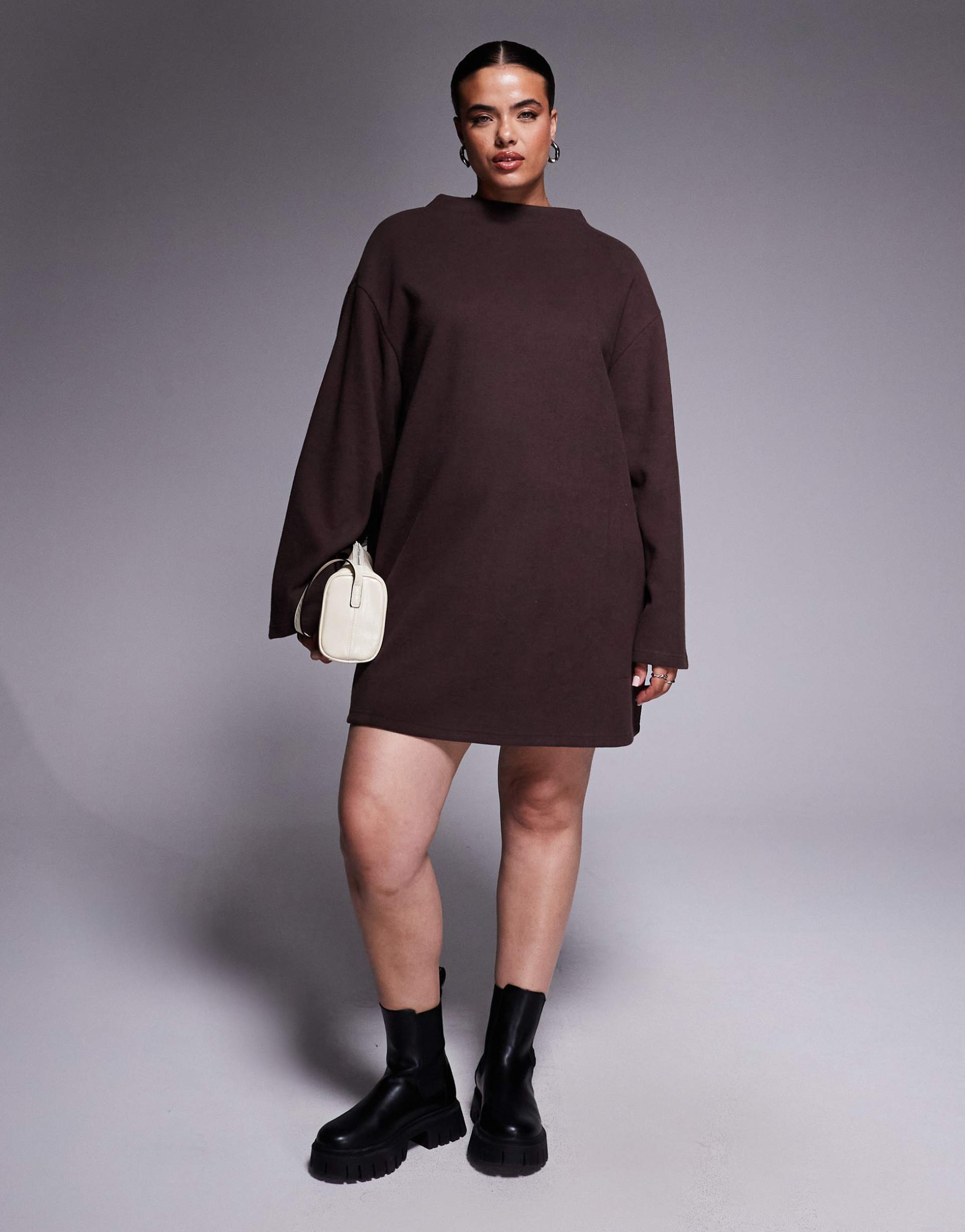asos design curve supersoft wide sleeve mini dress in chocolate