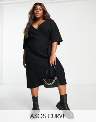asos black sweater dress DESIGN Curve supersoft wrap with belt in short sweater dress