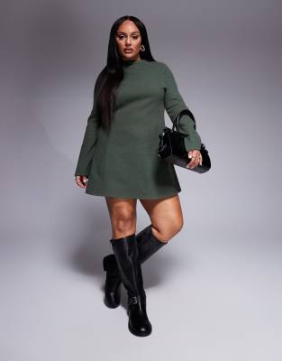 ASOS DESIGN Curve - Superweiches, ausgestelltes Minikleid in Khaki mit Stehkragen-Grün