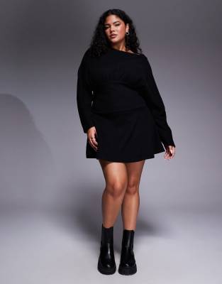 ASOS DESIGN Curve - Superweiches Blouson-Minikleid in Schwarz mit Fledermausärmeln und U-Boot-Ausschnitt
