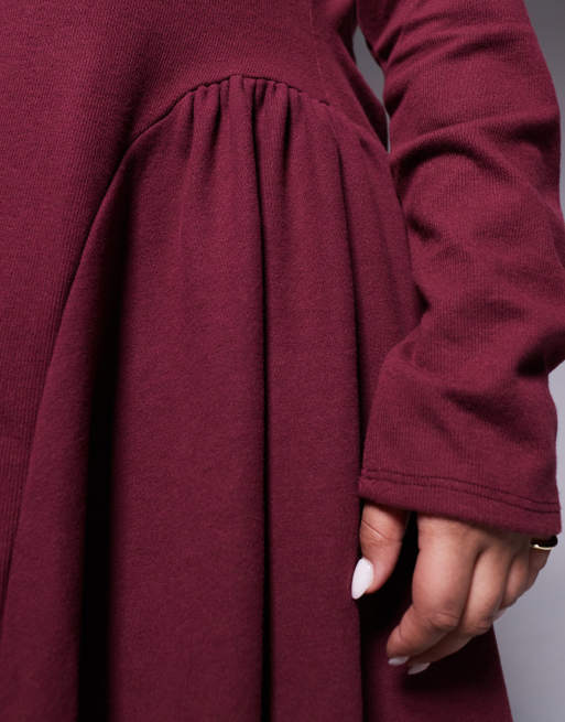 ASOS DESIGN Curve – Superweiches, langärmliges Godet-Minikleid in Burgunderrot, 2 von 4