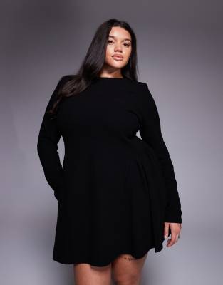 ASOS DESIGN Curve - Superweiches, langärmliges Godet-Minikleid in Schwarz