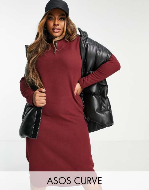 ASOS DESIGN Curve – Superweiches Midi-Pulloverkleid im Polohemd-Design in Merlot-Rot mit Reißverschluss vorne
