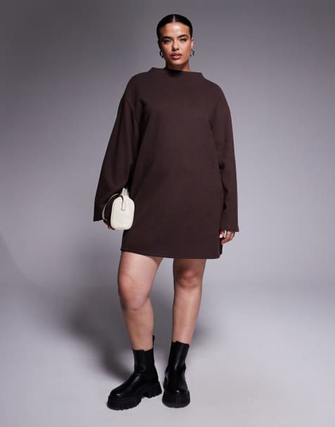 ASOS DESIGN Curve – Superweiches Minikleid in Schokobraun mit weiten Ärmeln - view 1