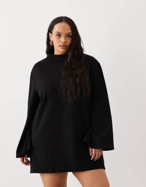 ASOS DESIGN Curve – Superweiches Minikleid in Schwarz mit weiten Ärmeln - view 1