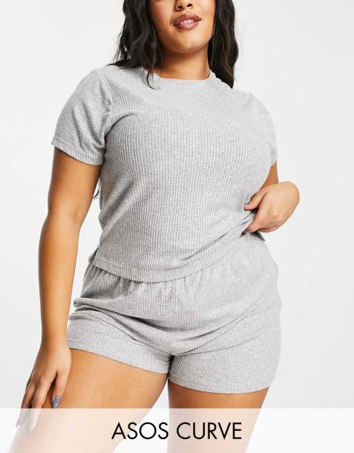 ASOS DESIGN Curve - Superzachte geribbelde loungeset met T-shirt en short in grijs