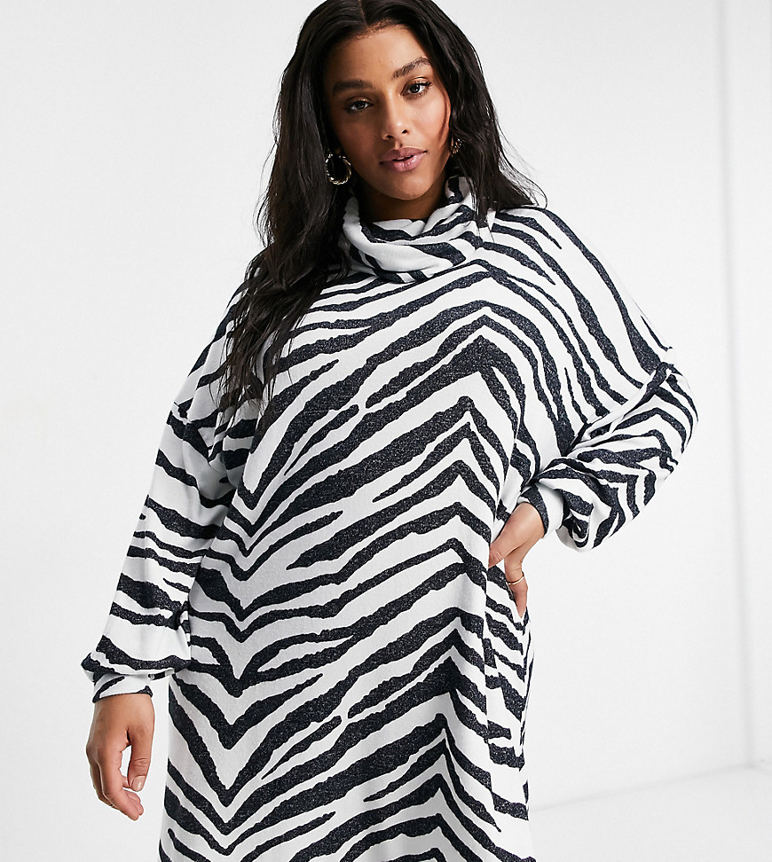 ASOS DESIGN Curve - Superzachte mini jurk met lange mouwen en col in zebraprint-Wit