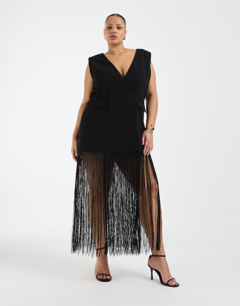 ASOS DESIGN Curve – Svart, ärmlös kavaj med franskant - view 1