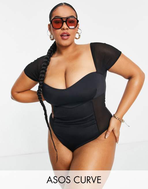 ASOS DESIGN Curve – Svart baddräkt med hjärtformad halsringning