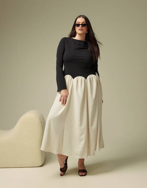 ASOS DESIGN Curve – Svart, blockfärgad midiklänning med långa ärmar, lång kjol och uddkant