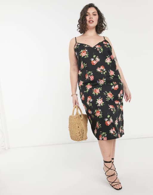 ASOS DESIGN Curve – Svart blommig klänning i midilängd med smala axelband, 4 av 4