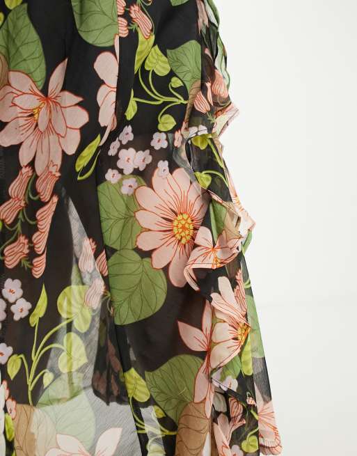 ASOS DESIGN Curve – Svart, blommig midiklänning i chiffong med volangfåll , 3 av 4