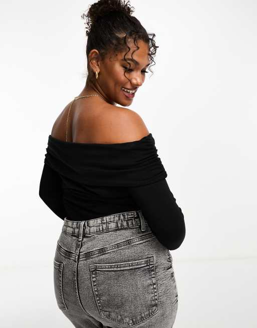 ASOS DESIGN Curve – Svart body i bomull och modal med nedvikt bardotringning, 2 av 4