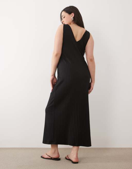 ASOS DESIGN Curve – Svart, bredribbad, ärmlös midiklänning med v-ringning, 4 av 4