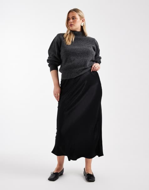 ASOS DESIGN Curve – Svart, diagonalskuren maxikjol i satin - view 1