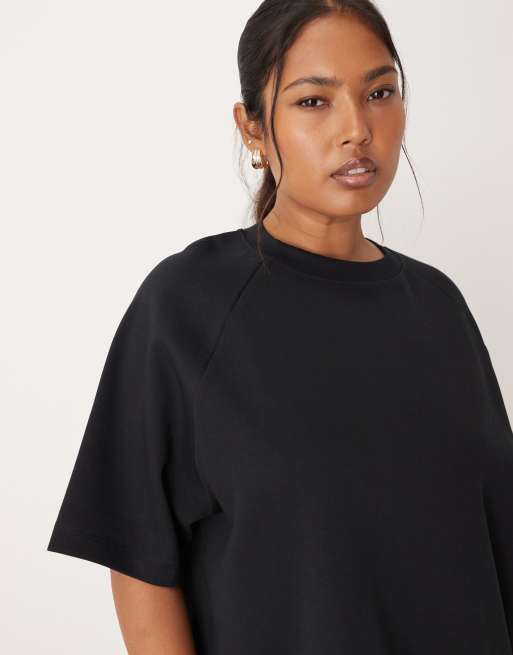 ASOS DESIGN Curve – Svart, dubbelstickad t-shirt med raglanärmar, del av set, 3 av 4