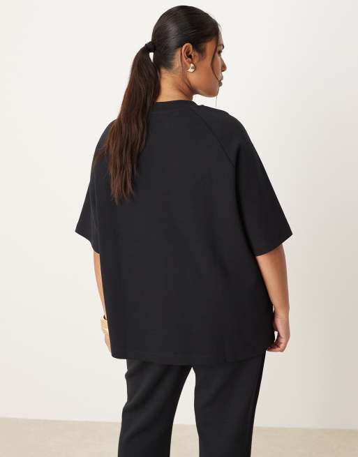 ASOS DESIGN Curve – Svart, dubbelstickad t-shirt med raglanärmar, del av set, 4 av 4