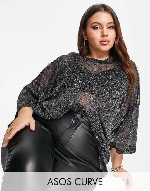 ASOS DESIGN Curve – Svart, glittrig t-shirt av mesh
