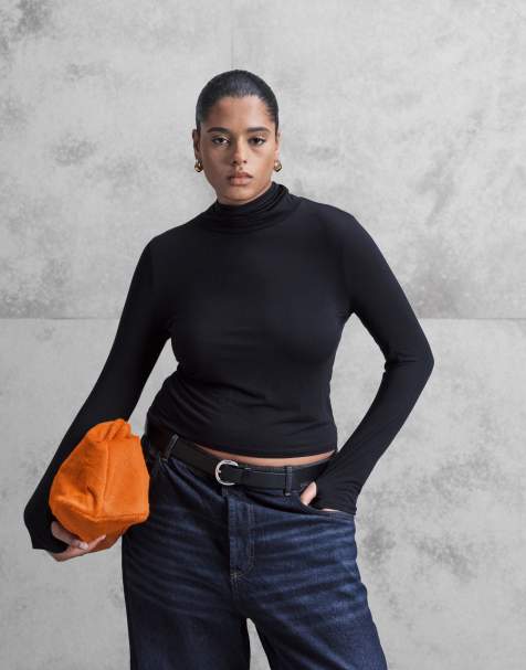 ASOS DESIGN Curve – Svart, halvskir topp med långa ärmar och ståkrage - view 1