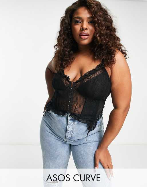 ASOS DESIGN Curve – Svart korsettopp i spets med strumpebandshållare