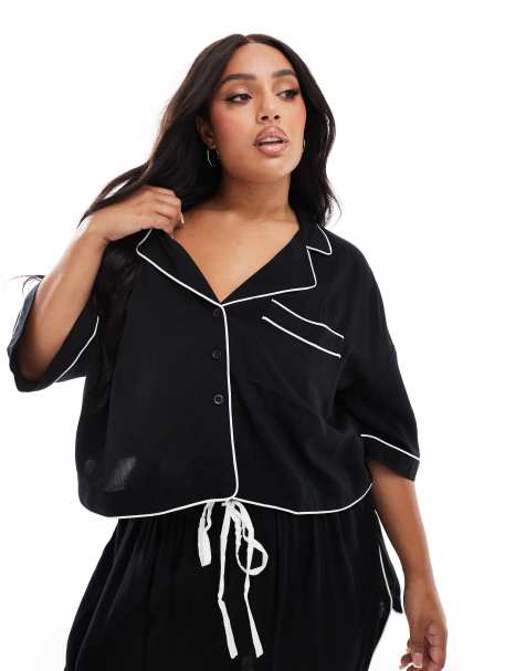 ASOS DESIGN Curve – Svart, kort pyjamasskjorta med kontrastfärgade passpoaler - view 1