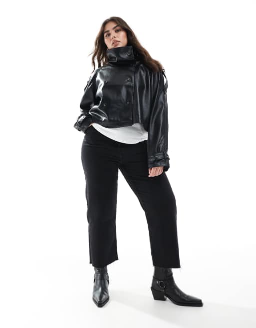ASOS DESIGN Curve – Svart, kort trenchcoat med ståkrage i läderlook, 2 av 4