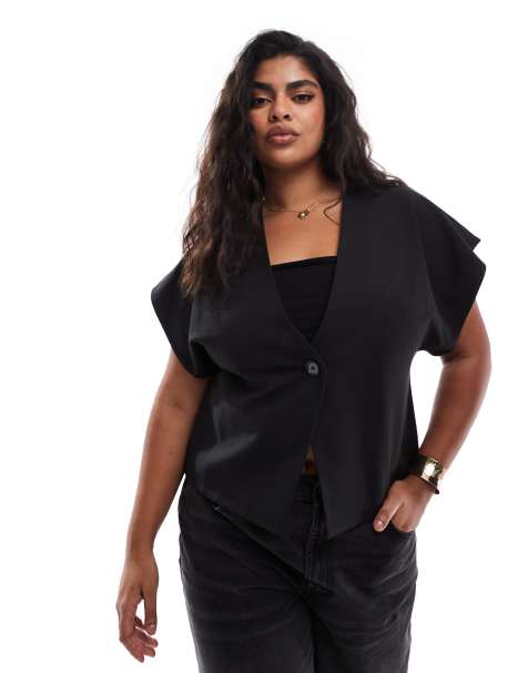 ASOS DESIGN Curve – Svart kostymväst i omlottdesign - view 1