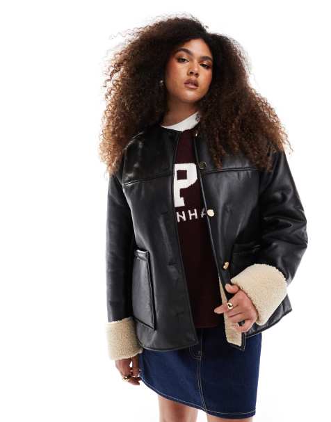 ASOS DESIGN Curve – Svart, kraglös jacka med teddymaterial - view 1
