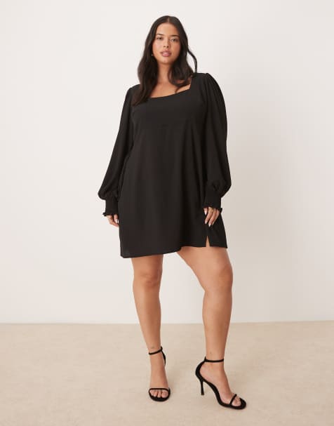ASOS DESIGN Curve – Svart, långärmad miniklänning med knytning baktill - view 1