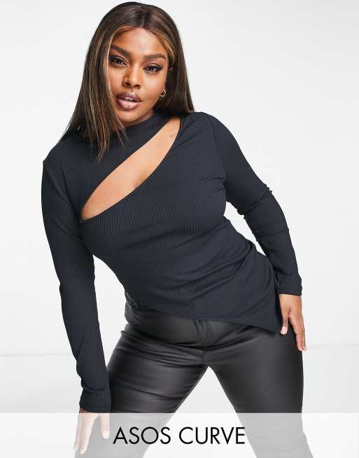 ASOS DESIGN Curve – Svart långärmad topp med asymmetrisk fåll och utskuren detalj