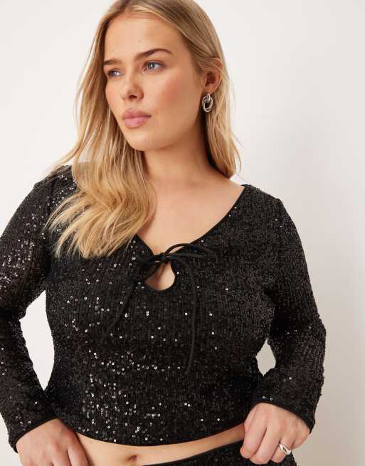 ASOS DESIGN Curve – Svart, långärmad topp med heltäckande paljetter och nyckelhålsöppning, 4 av 4