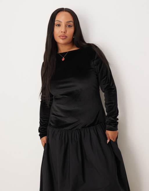 ASOS DESIGN Curve – Svart maxiklänning i hybridmodell och sammet med poplinkjol, 2 av 4