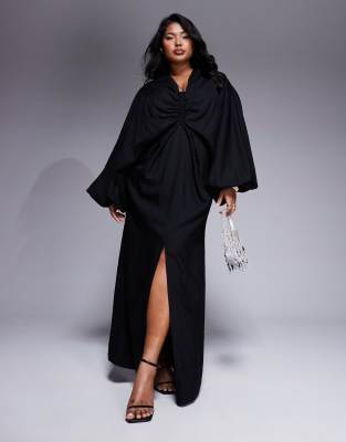 ASOS DESIGN Curve – Svart maxiklänning med blusärmar, rynkning och djup halsringning - view 1