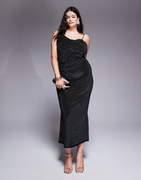 ASOS DESIGN Curve – Svart midiklänning med asymmetrisk, draperad ringning och utsmyckning i sammet - view 1