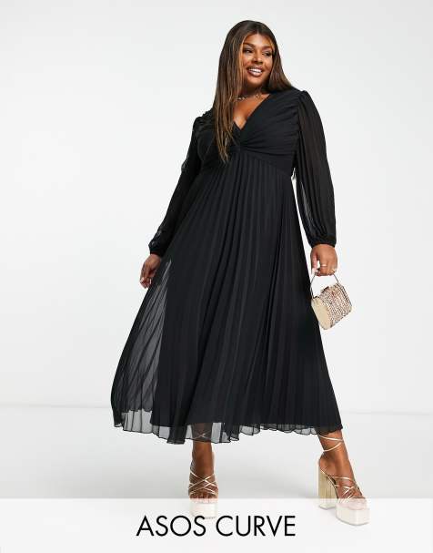 ASOS DESIGN Curve – Svart midiklänning med djup urringning och plisserat liv - view 1