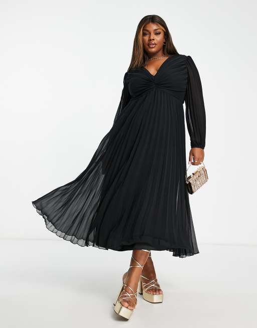 ASOS DESIGN Curve – Svart midiklänning med djup urringning och plisserat liv, 4 av 4