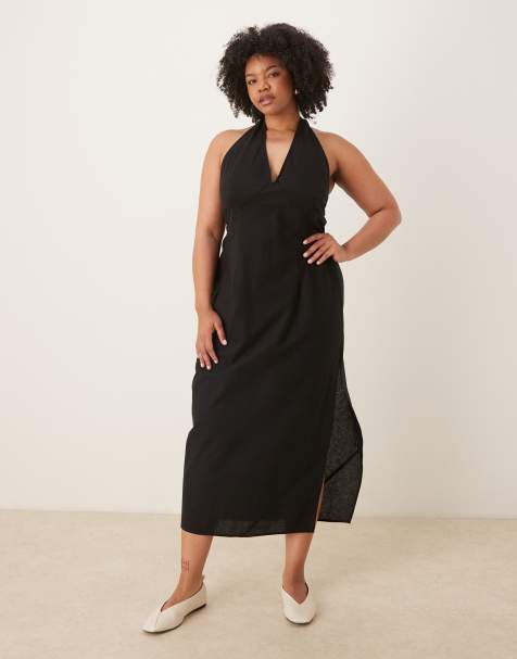 ASOS DESIGN Curve – Svart midiklänning med halterneck och formad byst i bomull och linne - view 1