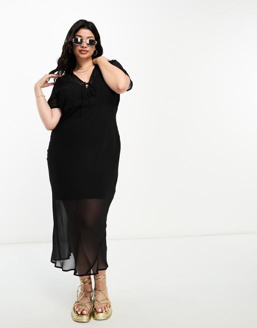 ASOS DESIGN Curve – Svart midiklänning med korta ärmar och krage i chiffong